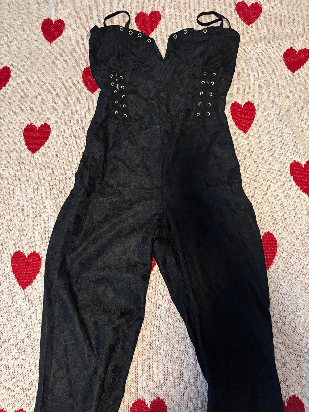 Fashion Nova Black Strapless Lace-Effect Corset Jumpsuit